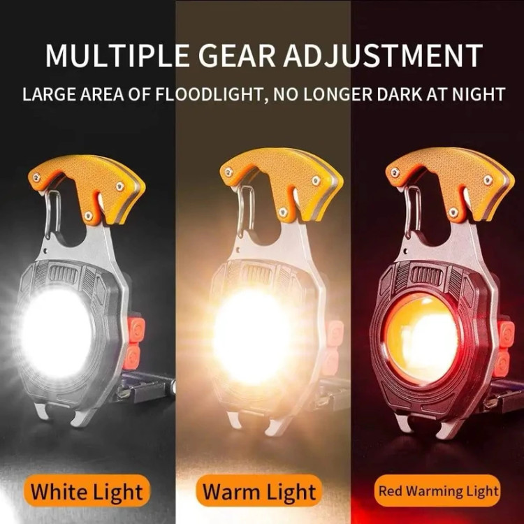چراغ قوه LED دار کمپینگ قابل حمل، دارای چراغ اضطراری، جاکلیدی، COB پیچ گوشتی بطری بازکن و فندک