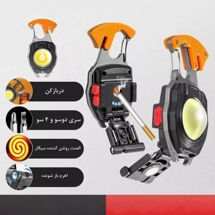 چراغ قوه LED دار کمپینگ قابل حمل، دارای چراغ اضطراری، جاکلیدی، COB پیچ گوشتی بطری بازکن و فندک