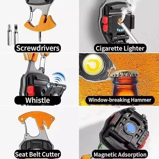 چراغ قوه LED دار کمپینگ قابل حمل، دارای چراغ اضطراری، جاکلیدی، COB پیچ گوشتی بطری بازکن و فندک