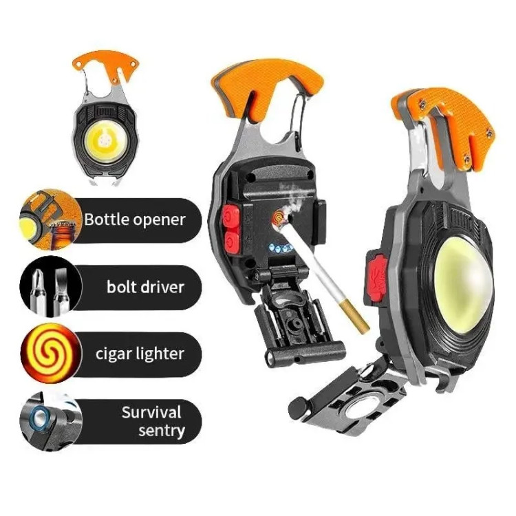 چراغ قوه LED دار کمپینگ قابل حمل، دارای چراغ اضطراری، جاکلیدی، COB پیچ گوشتی بطری بازکن و فندک