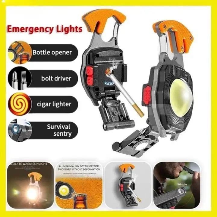 چراغ قوه LED دار کمپینگ قابل حمل، دارای چراغ اضطراری، جاکلیدی، COB پیچ گوشتی بطری بازکن و فندک