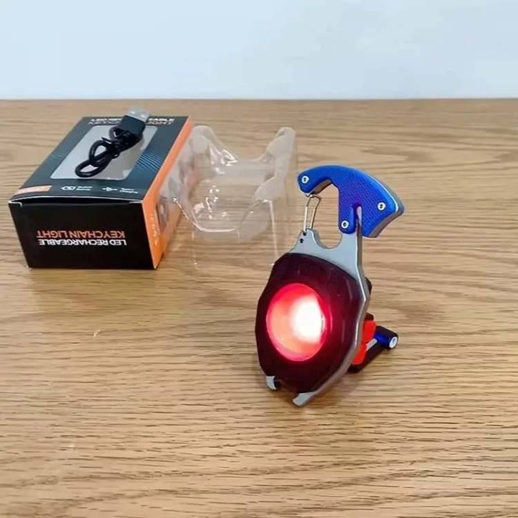 چراغ قوه LED دار کمپینگ قابل حمل، دارای چراغ اضطراری، جاکلیدی، COB پیچ گوشتی بطری بازکن و فندک