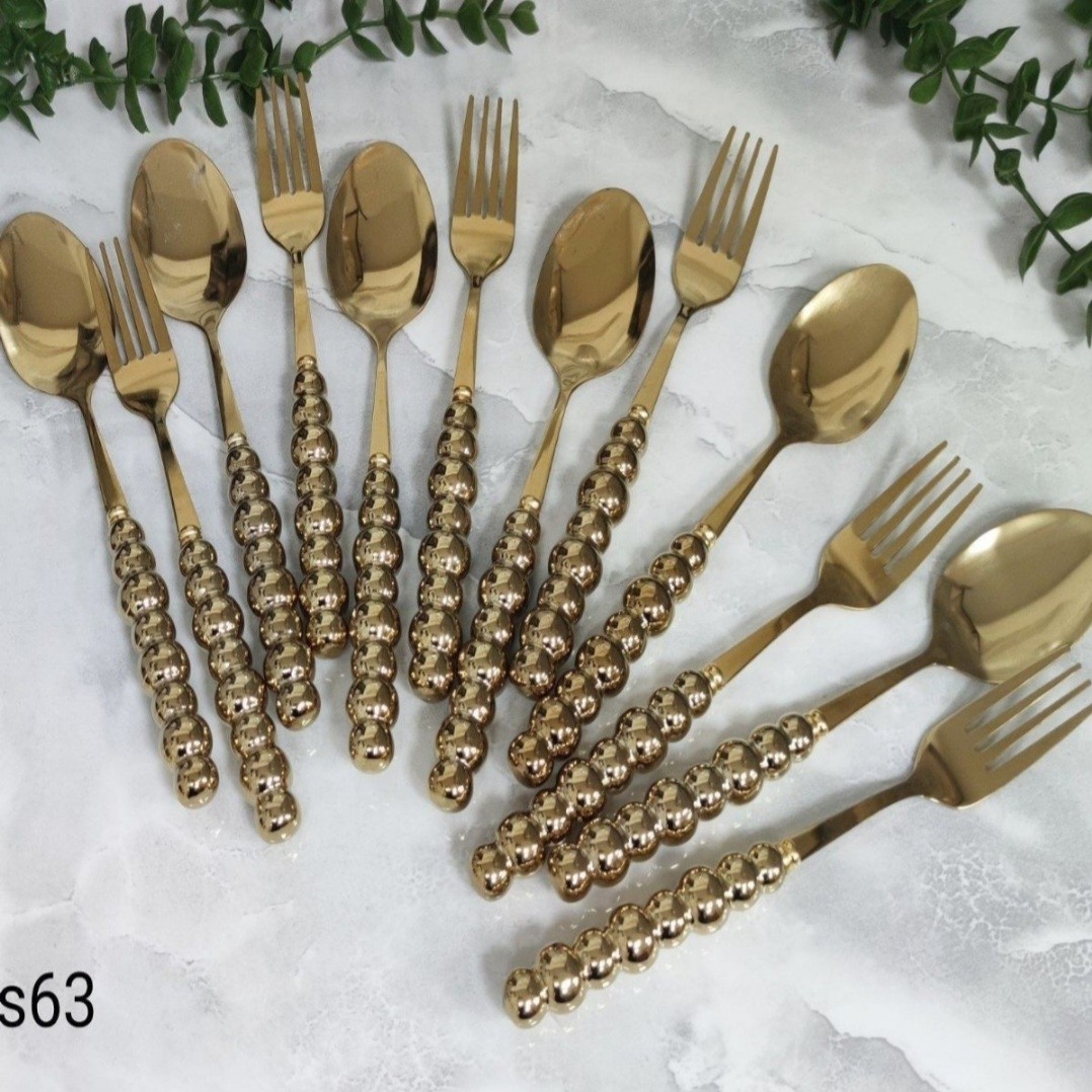 قاشق چنگال دسته مرواریدی طلایی S63    مدل:new kanada01865