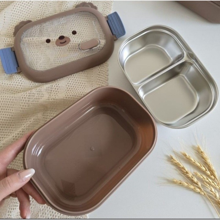 لانچ باکس (ظرف غذا) کودک داخل استیل طرح خرس با قاشق مدل:new kanada011784