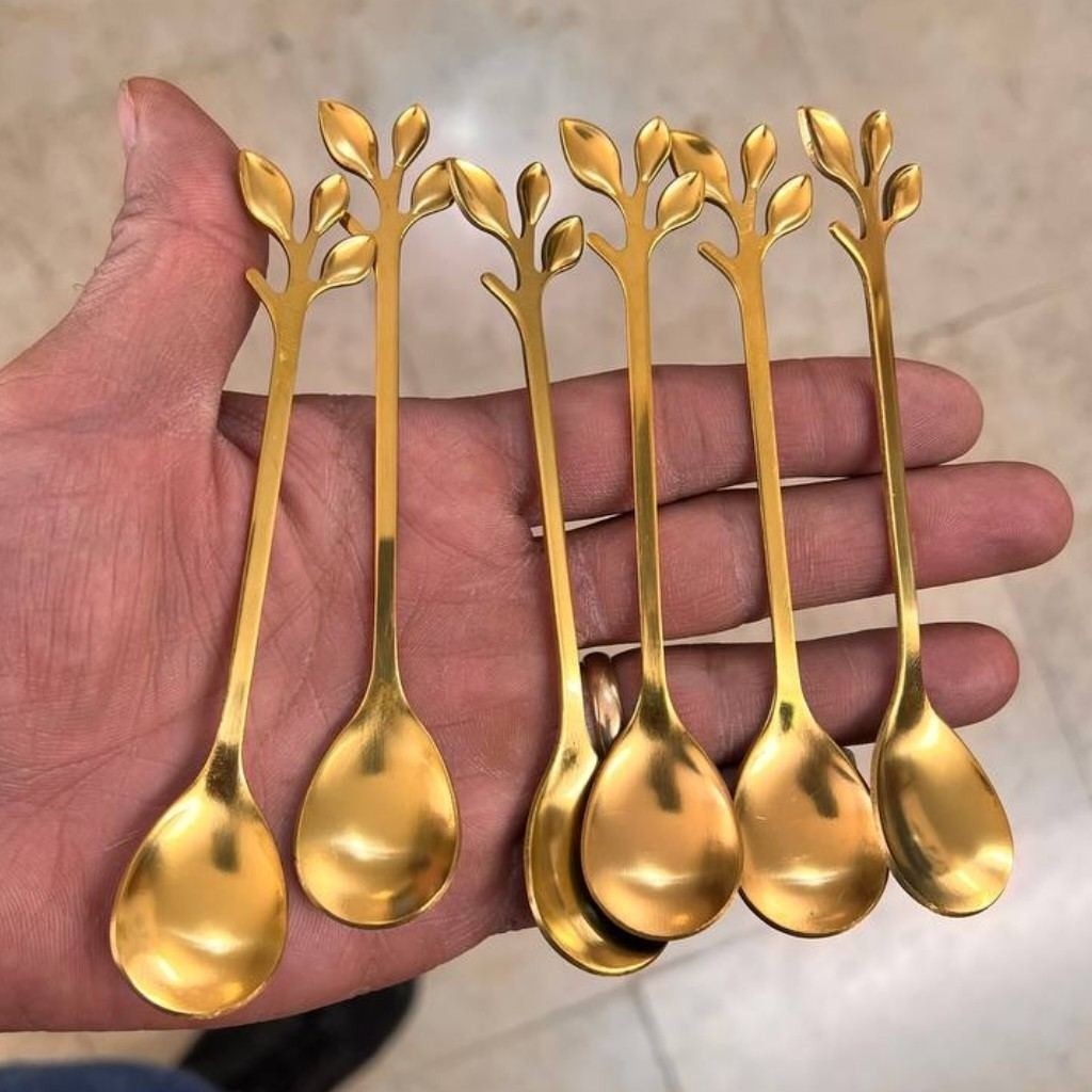 قاشق چای خوری (چای) استیل طلایی طرح برگ 6 عددی   مدل:new kanada0115367