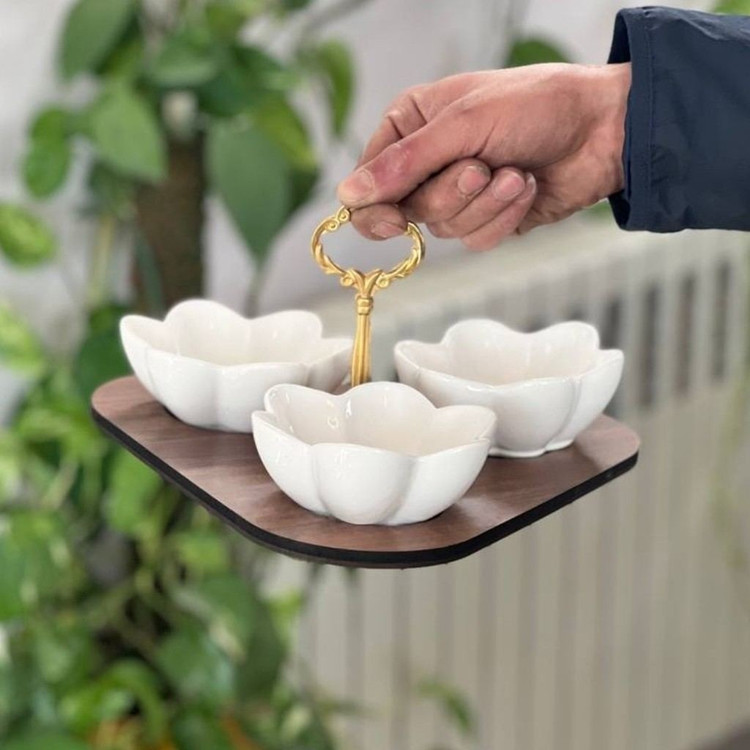 اردوخوری (ظرف سرو) مثلثی طرح گل سرامیک چوب با پیاله 11 سانت مدل:new kanada0115367