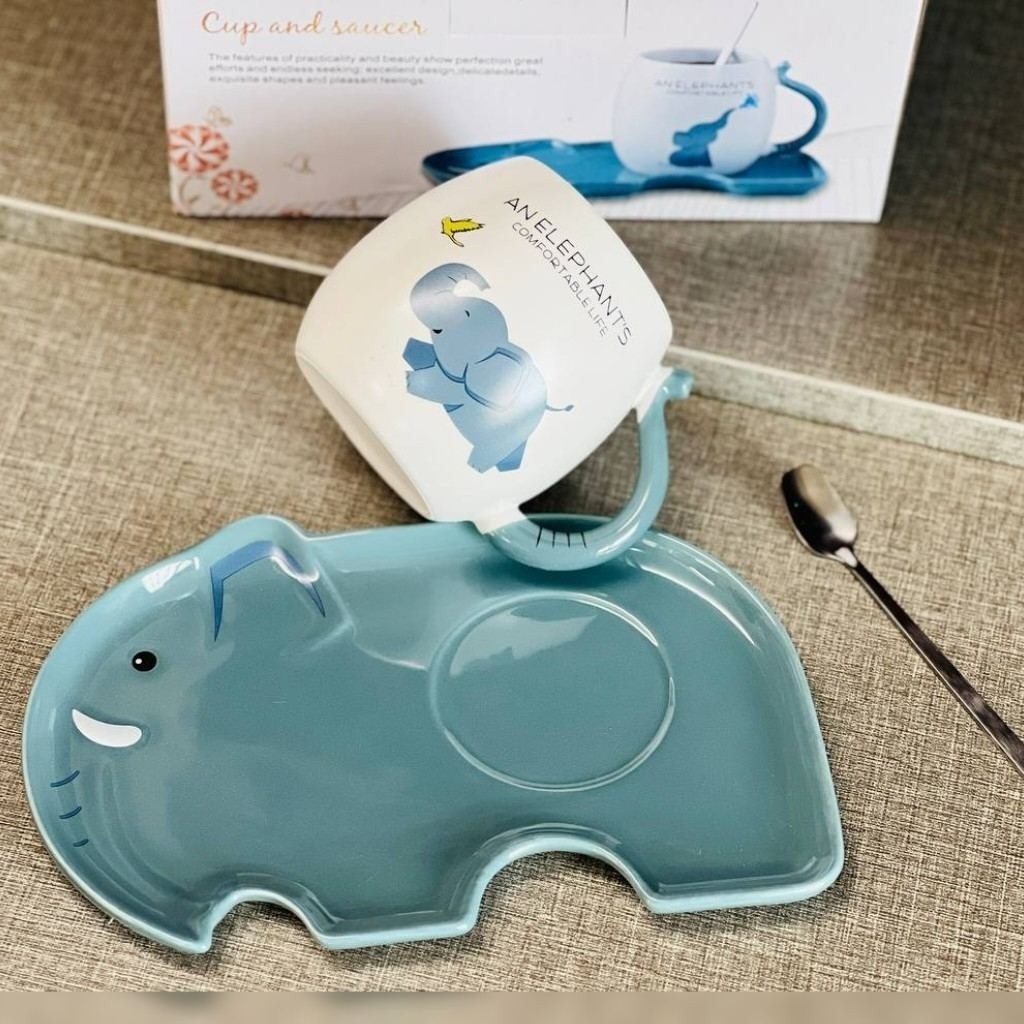 ماگ سرامیکی (لیوان) طرح فیل 3 تکه با زیره و قاشق استیل مدل:new kanada0115358