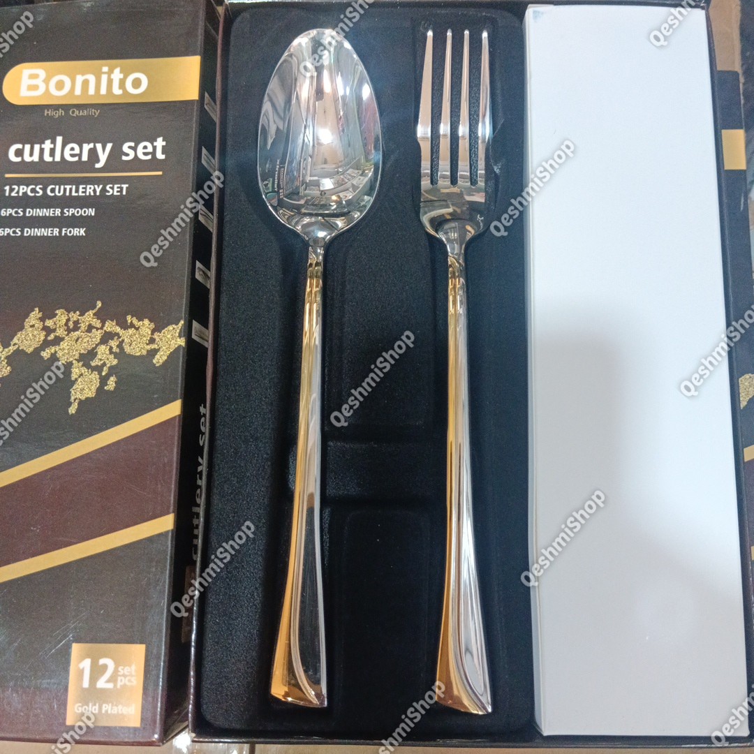 سرویس قاشق و چنگال 12 پارچه 6نفره استیل بونیتو Bonito طرح لوکس دو رنگ طلایی و نقره ای مدل:new kanada0115345