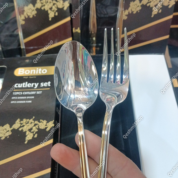 سرویس قاشق و چنگال 12 پارچه 6نفره استیل بونیتو Bonito طرح لوکس دو رنگ طلایی و نقره ای مدل:new kanada0115345