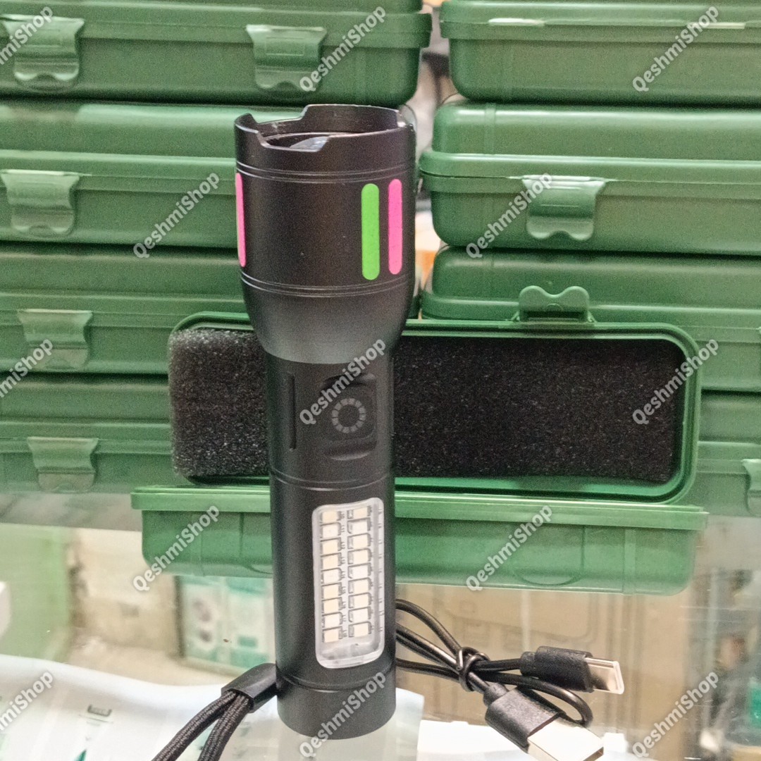 چراغ قوه شارژی چندکاره LED و COB مدل BCT-8002 با نور سفید و قرمز، شارژ Type-C مدل:new kanada0115332
