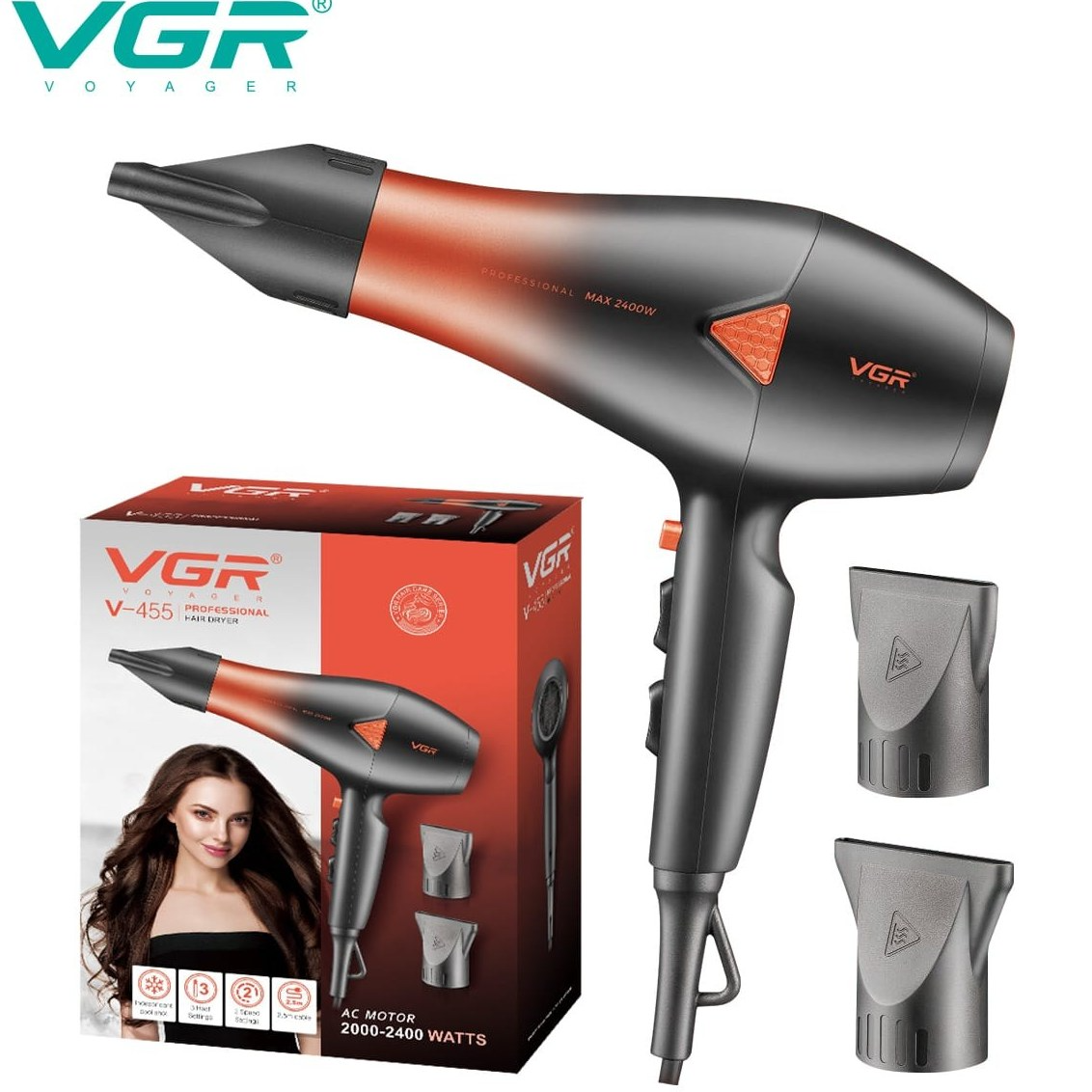 سشوار وی جی آر VGR مدل V-455 ا VGR Proffessional Hair Dryer V-455 Model مدل:new kanada01419