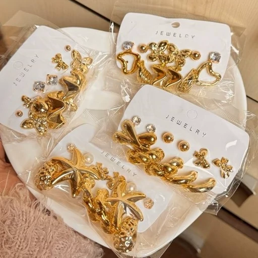 پک گوشواره اقتصادی 6 عددی فانتزی کیوت دخترانه اکسسوری زنانه پینترستی 6جفت گوشواره طلایی پاپیونی نگین دار مرواریدی مدل:new kanada01417