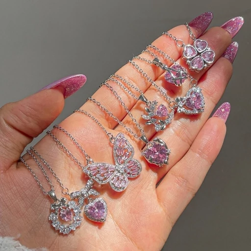گردنبند پاپیون صورتی نگین مروارید صورتی سواروسکی تابستانه پینترستی فانتزی کیوت مناسب کادو تولد هدیه مدل:new kanada4568