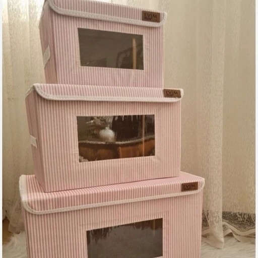 باکس لباس نظم دهنده 3سایز اسکلت دار راه راه تاشو پنجره دار بقچه نظمدهنده سبد اسباب بازی جعبه اویم Evim جلو طلقی ایست دار