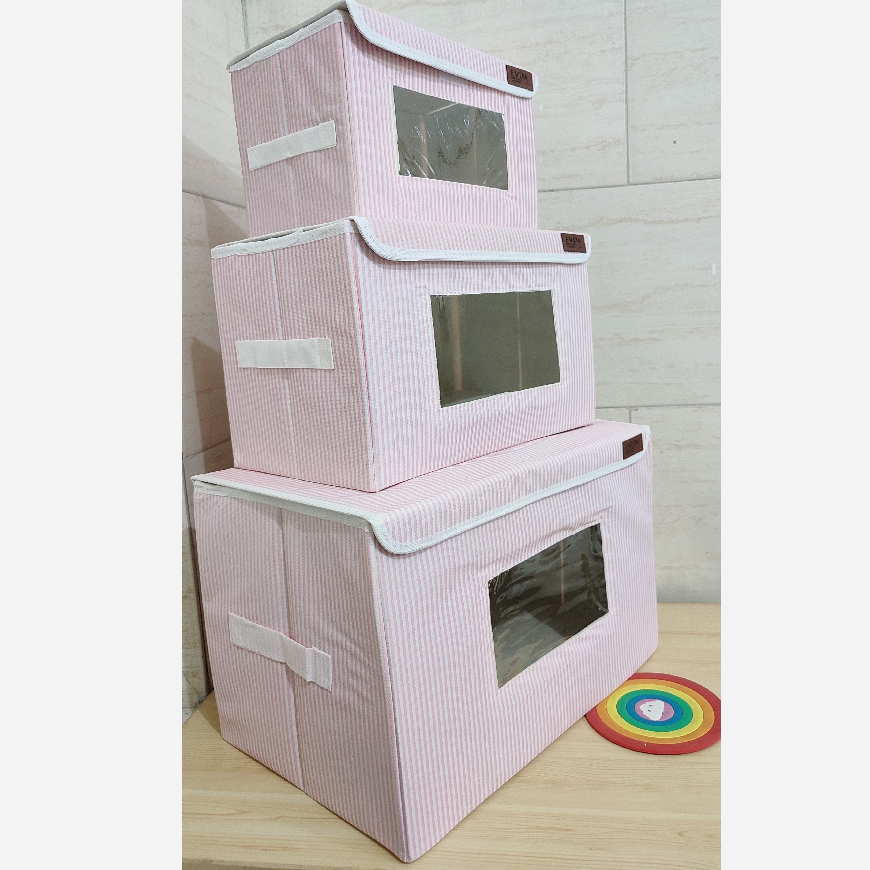 باکس لباس نظم دهنده 3سایز اسکلت دار راه راه تاشو پنجره دار بقچه نظمدهنده سبد اسباب بازی جعبه اویم Evim جلو طلقی ایست دار