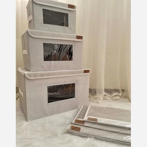 باکس لباس نظم دهنده 3سایز اسکلت دار راه راه تاشو پنجره دار بقچه نظمدهنده سبد اسباب بازی جعبه اویم Evim جلو طلقی ایست دار